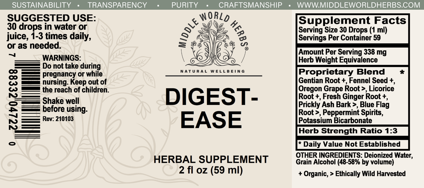Digest-Ease Herbal Tincture supplement facts label