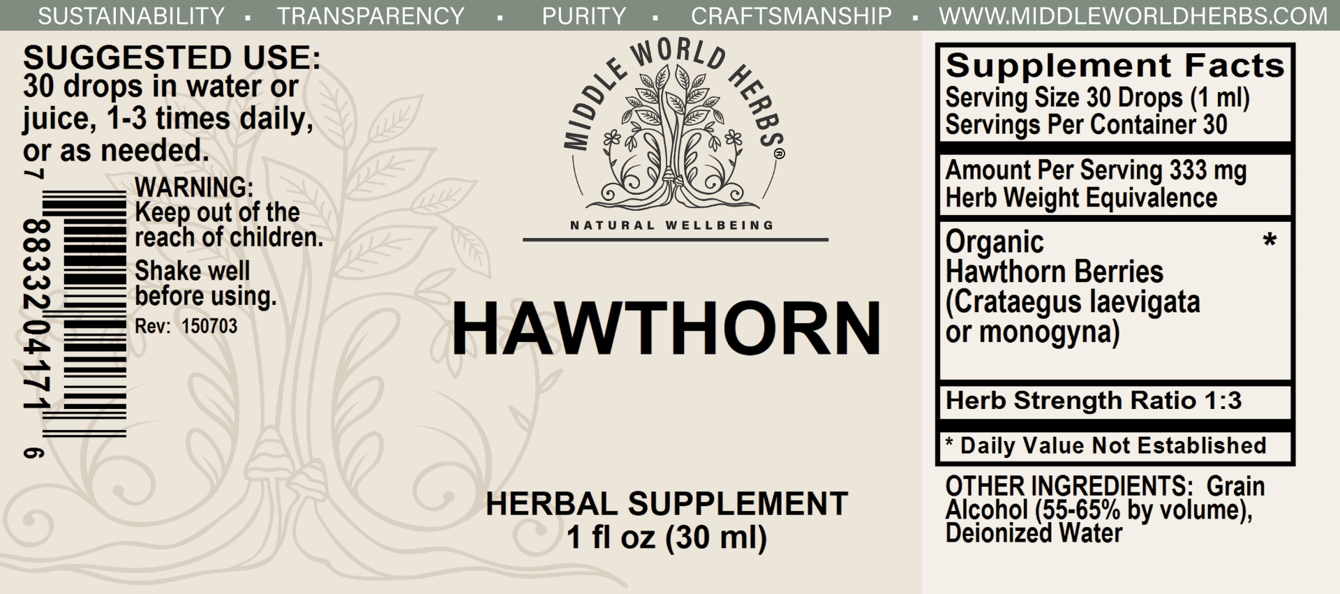 Hawthorn Berry Tincture supplement facts label 1oz