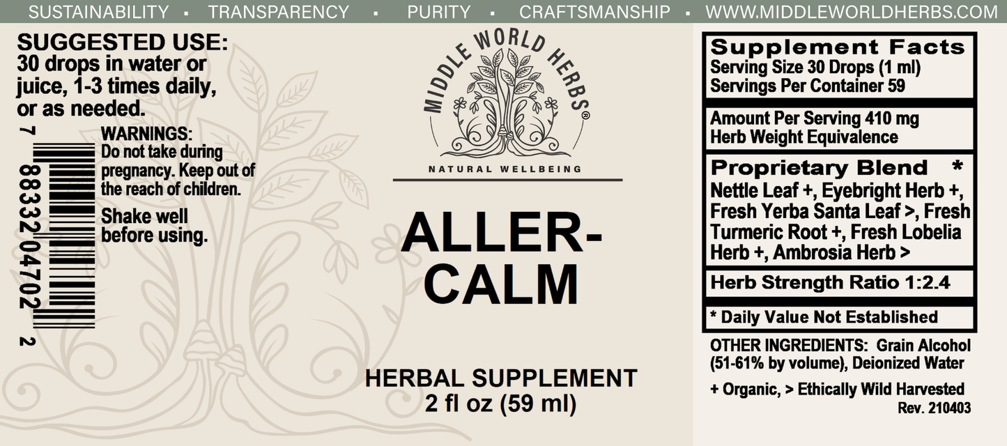 Aller-Calm Herbal Tincture supplement facts label